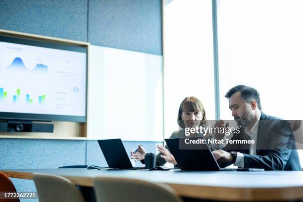 unique product diversification to build a market development strategy. businessmen and businesswomen discussing market and product development strategies on a laptop computer during a meeting in a modern business office. - risicomanagement stockfoto's en -beelden