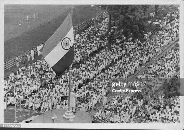 India marks 14 years of independence; President Nehru addressing immense crowd before Delhi's Red Fort, India, August 18th 1960.