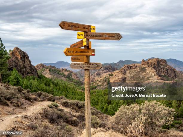 directional arrow sign, gr mountain trail. mountain landscape on the island of gran canaria. - gran canaria bildbanksfoton och bilder