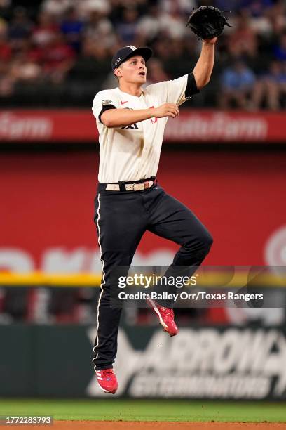 Corey Seager of the Texas Rangers catches a fly ball during a game against the Minnesota Twins at Globe Life Field on September 01, 2023 in...