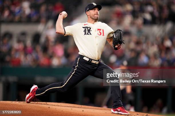 Max Scherzer of the Texas Rangers delivers a pitch during a game against the Minnesota Twins at Globe Life Field on September 01, 2023 in Arlington,...