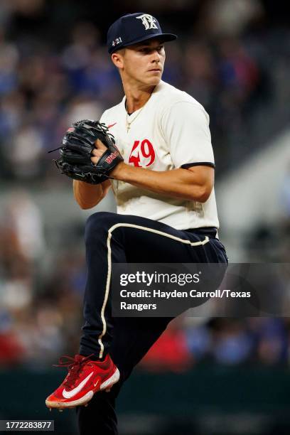 Glen Otto of the Texas Rangers delivers a pitch during a game against the Minnesota Twins at Globe Life Field on September 01, 2023 in Arlington,...