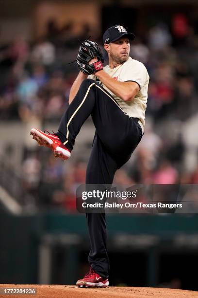 Max Scherzer of the Texas Rangers delivers a pitch during a game against the Minnesota Twins at Globe Life Field on September 01, 2023 in Arlington,...