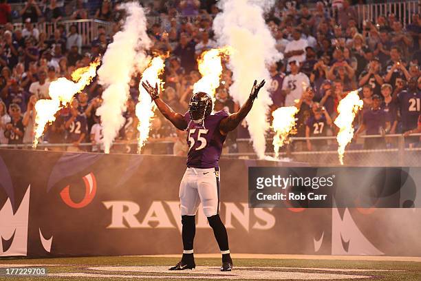 Linebacker Terrell Suggs of the Baltimore Ravens is introduced before the start of a preseason game against the Carolina Panthers at M&T Bank Stadium...
