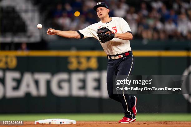 Corey Seager of the Texas Rangers throws the ball during a game against the Minnesota Twins at Globe Life Field on September 02, 2023 in Arlington,...