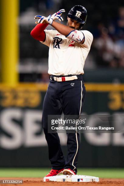 Marcus Semien of the Texas Rangers celebrates during a game against the Minnesota Twins at Globe Life Field on September 02, 2023 in Arlington, Texas.