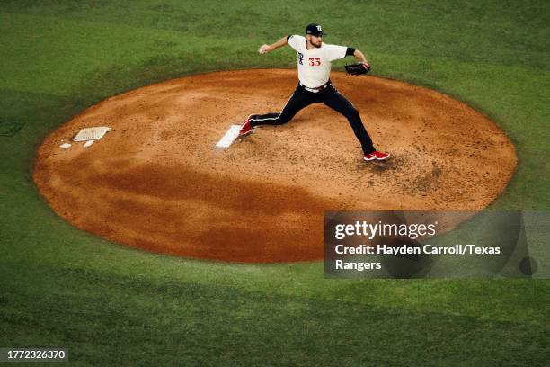 Chris Stratton of the Texas Rangers delivers a pitch during a game against the Minnesota Twins at Globe Life Field on September 02, 2023 in...