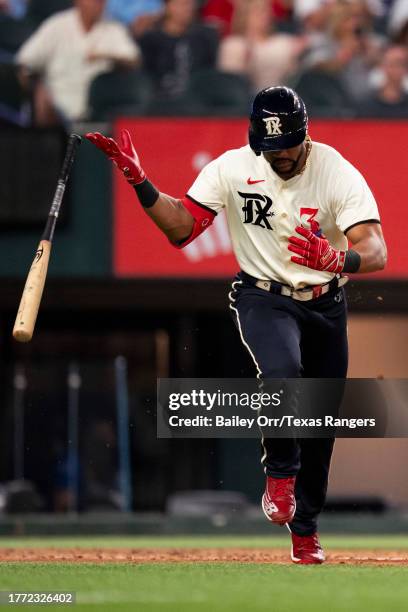 Leody Taveras of the Texas Rangers flips his bat during a game against the Minnesota Twins at Globe Life Field on September 02, 2023 in Arlington,...