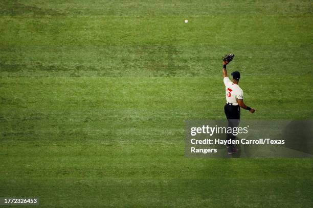 Leody Taveras of the Texas Rangers catches a fly ball during a game against the Minnesota Twins at Globe Life Field on September 02, 2023 in...