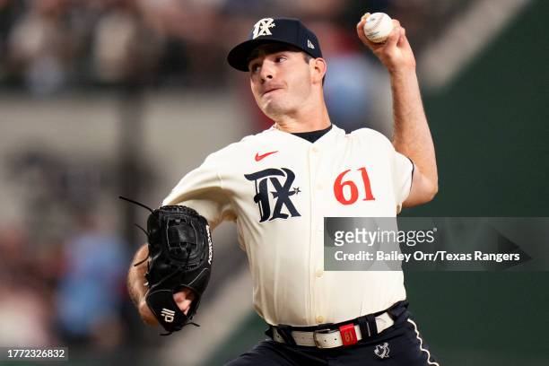 Cody Bradford of the Texas Rangers delivers a pitch during a game against the Minnesota Twins at Globe Life Field on September 02, 2023 in Arlington,...