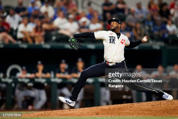 Aroldis Chapman of the Texas Rangers delivers a pitch during a game against the Minnesota Twins at Globe Life Field on September 02, 2023 in...