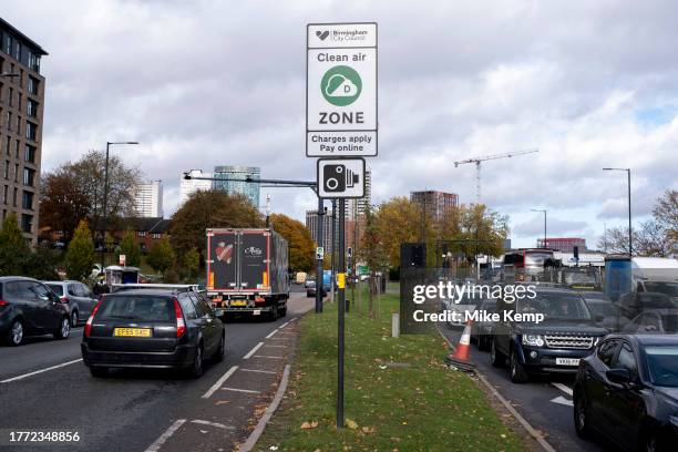 Cars in the 30mph Clean Air Zone run by Birmingham City Council along the A38 Bristol Street in the city centre on 9th November 2023 in Birmingham,...