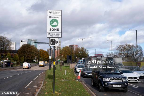 Cars in the 30mph Clean Air Zone run by Birmingham City Council along the A38 Bristol Street in the city centre on 9th November 2023 in Birmingham,...