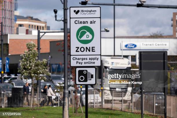 Cars in the 30mph Clean Air Zone run by Birmingham City Council along the A38 Bristol Street in the city centre on 9th November 2023 in Birmingham,...