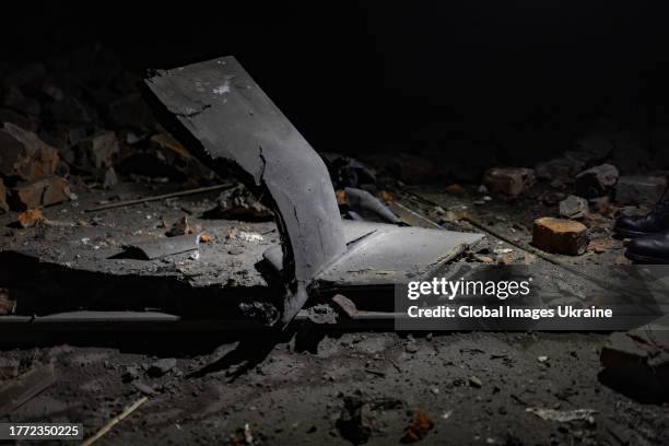 Fragment of a Russian kamikaze drone lies on the ground on November 3, 2023 in Kharkiv, Ukraine. On the night of November 3, Russian troops launched...