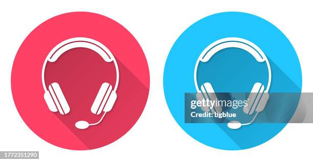 headset. round icon with long shadow on red or blue background - dj console stock illustrations