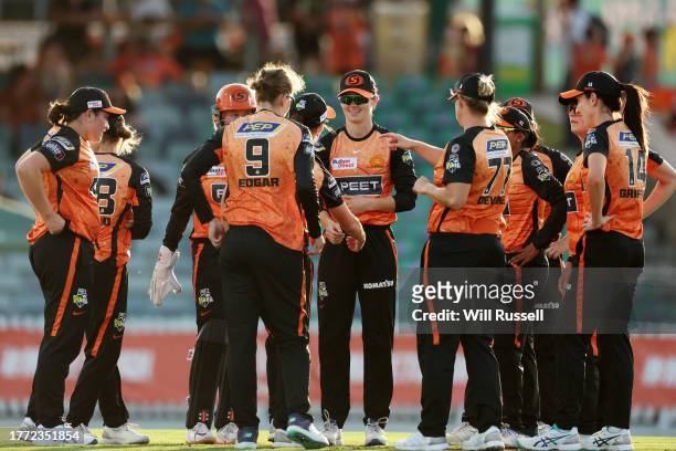 Amy Jones of the Scorchers celebrates after taking the wicket of Courtney Webb of the Renegades during the WBBL match between Perth Scorchers and...