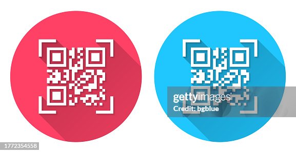 QR code scan. Round icon with long shadow on red or blue background QR code scan. Round icon with long shadow on red or blue background