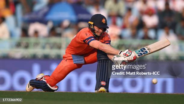 Sybrand Engelbrecht of Netherlands plays a shot during the ICC Men's Cricket World Cup India 2023 between Netherlands and Afghanistan at BRSABVE...