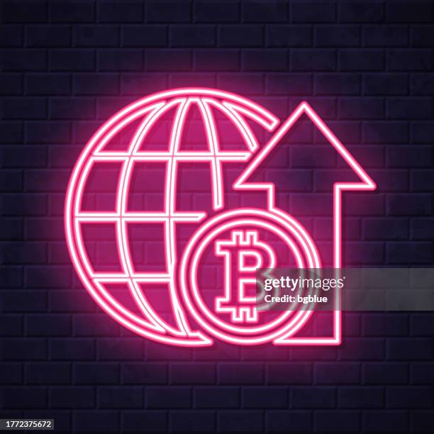 bitcoin rate increase. glowing neon icon on brick wall background - copper wall stock illustrations