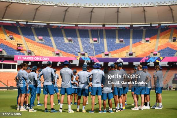England huddle ahead of a nets session at Narendra Modi Stadium on November 03, 2023 in Ahmedabad, India.