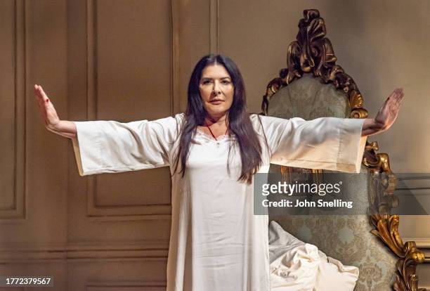 Marina Abramovic as Maria Callas performs on stage in the English National Opera production of "7 Deaths of Maria Callas" during a dress rehearsal at...