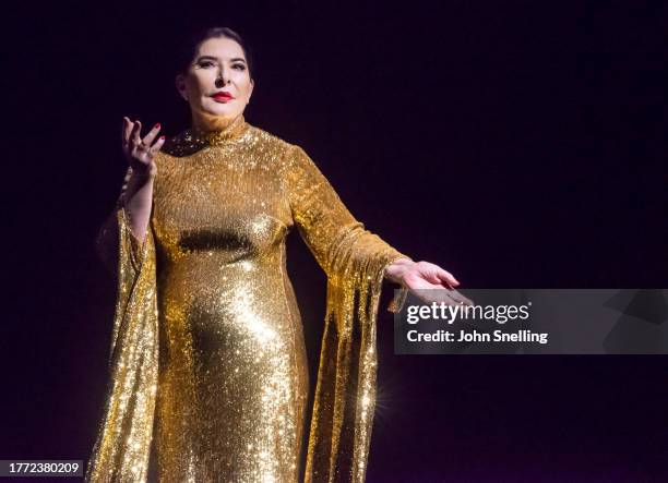 Marina Abramovic as Maria Callas performs on stage in the English National Opera production of "7 Deaths of Maria Callas" during a dress rehearsal at...