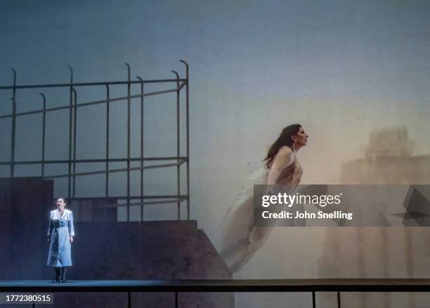 Elbenita Kajtazi sings Tosca and Marina Abramovic as Maria Callas performs on stage in the English National Opera production of "7 Deaths of Maria...