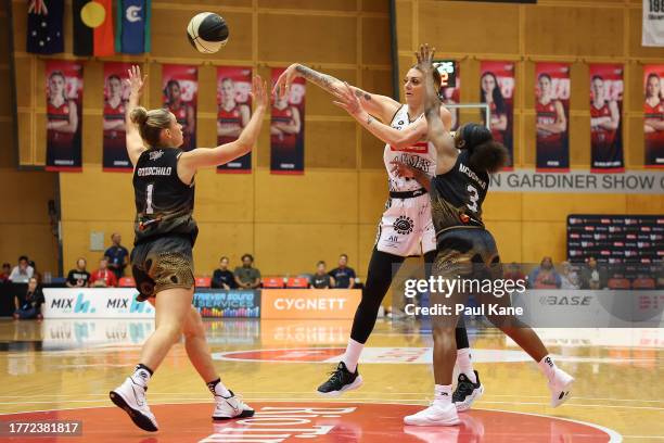 Cayla George of the Flames passes the ball during the WNBL match between Perth Lynx and Sydney Flames at Bendat Basketball Stadium, on November 03 in...