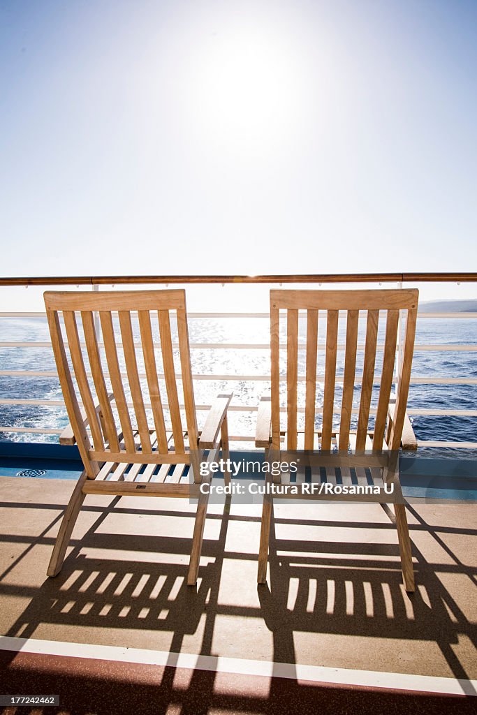 Two deckchairs on cruise ship at sea, Falmouth, Jamaica