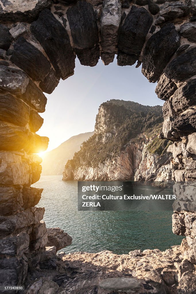 Sea viewed through arch, Portovenere, Cinque Terre, Liguria, Italy