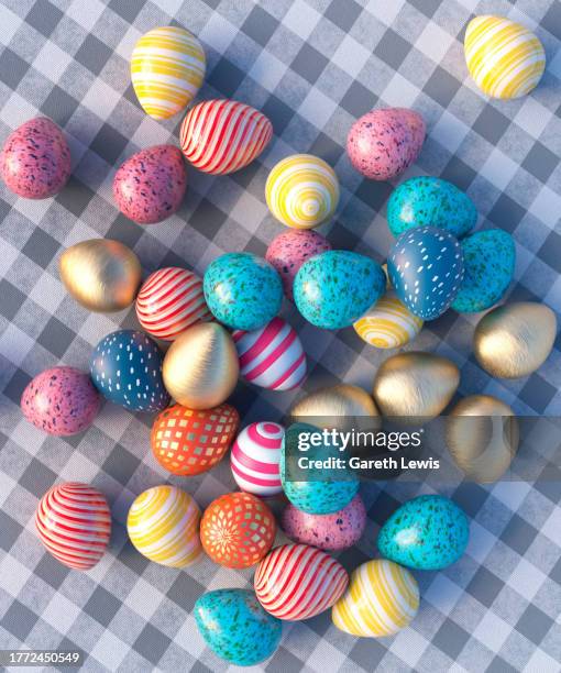 conceptual easter eggs of various sizes on a blue and white blanket 3d render - mini eggs stock illustrations