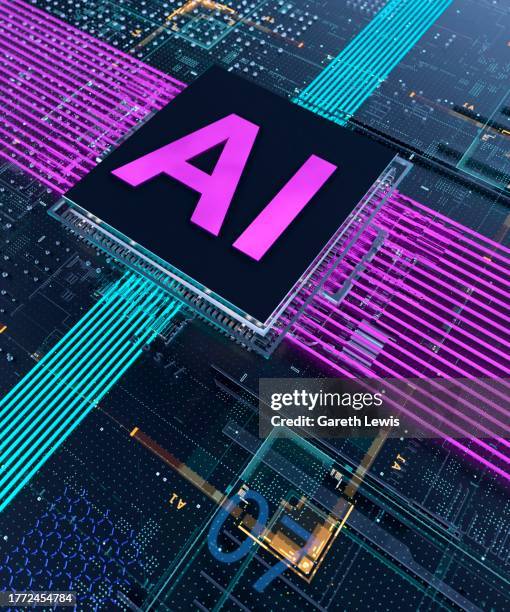 ai processor and circuit board concept with bright colors showing data transfer 3d render - learning computer programming stock illustrations
