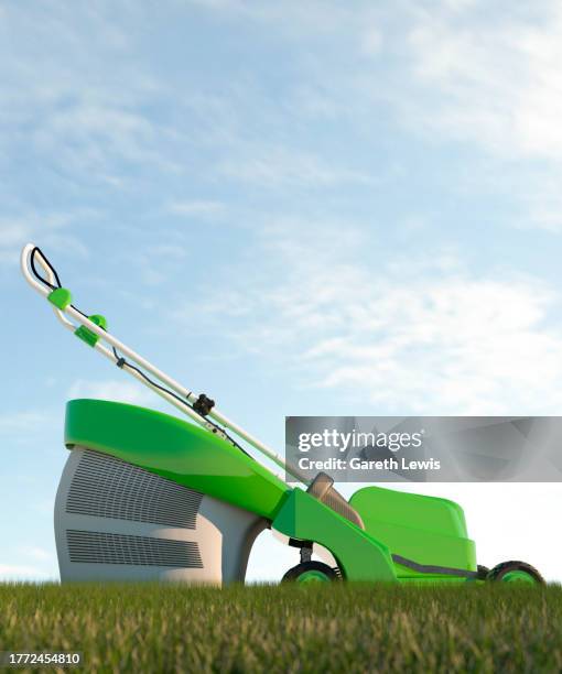 modern electric green lawnmower in profile on a sunny blue sky day in the summer 3d render - lawn care stock illustrations