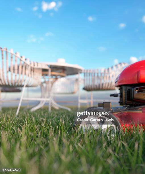 stockillustraties, clipart, cartoons en iconen met taking a break on a sunny summers day enjoying a coffee and sit down in the garden after cutting the grass 3d render - exercise machine