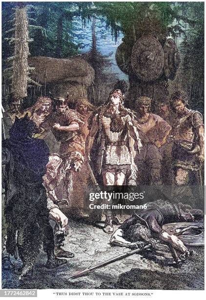 old engraving illustration of clovis i (first king of the franks) shooting down the soldier who had broken the vase of soissons - crime punishment stock pictures, royalty-free photos & images