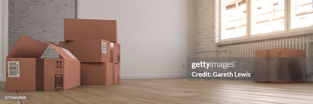 Piles of cardboard boxes in an empty room by a window on moving in day 3d render