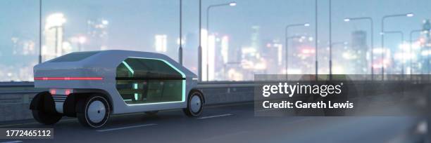 autonomous futuristic taxi car on the highway with no driver required at night in the city 3d render - no stock illustrations