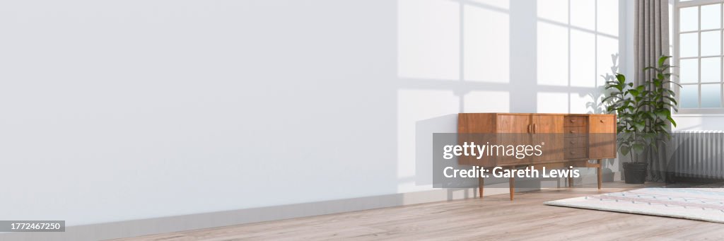 Large neutral modern living space with sunlight coming through a large window with a big empty space wall 3d render