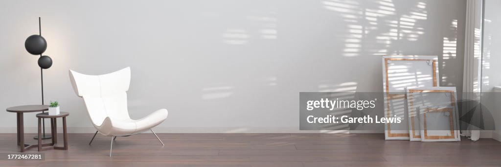 Modern living room with blank white wall and a single leather chair with reading light 3d render