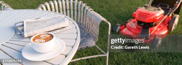 stockillustraties, clipart, cartoons en iconen met taking a break on a sunny summers day enjoying a coffee and sit down in the garden after cutting the grass 3d render - exercise machine