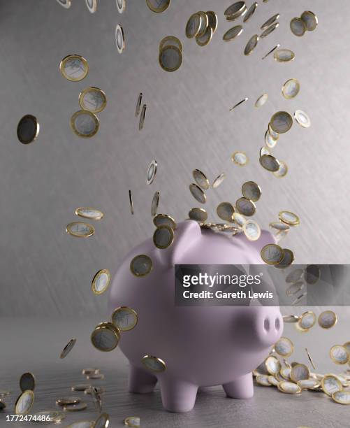 pink piggy bank concept with falling coins all around it 3d render - deposit slip stock illustrations