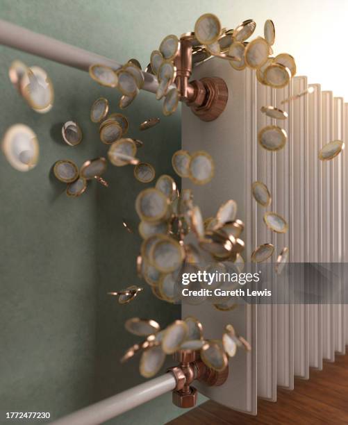 conceptual coins falling over a radiator emphasizing financial loss and high prices 3d render - home economics点のイラスト素材／クリップアート素材／マンガ素材／アイコン素材