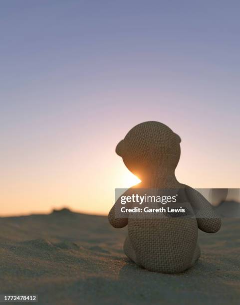 lonely toy bear on a beach at sunset having been left behind 3d render - watching sunrise stock illustrations