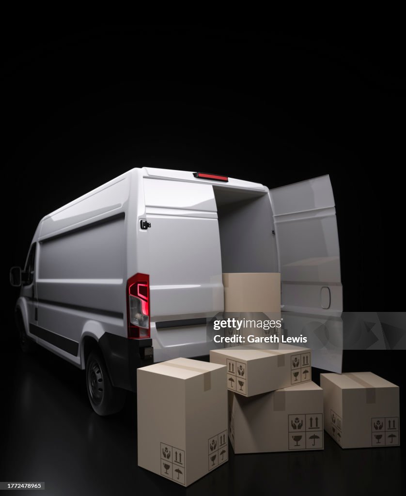 Package Rear Generic Modern White Delivery Van Rear Doors With Packages On The ...