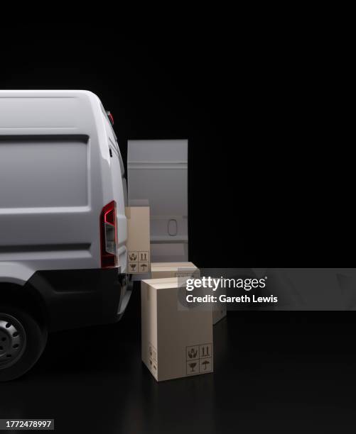 generic modern white delivery van rear doors with packages on the ground 3d render - loading crates stock illustrations