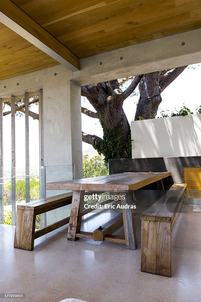 Picnic table and bench in a porch