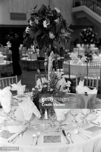 Table settings are seen during an event at the Los Angeles County Museum of Art in Los Angeles, California, on July 9, 1984.