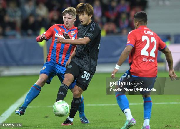 Takuro Taneko of GNK Dinamo and Cadu of FC Viktoria Plzen in action during match FC Viktoria Plzen v GNK Dinamo: Group C - UEFA Europa Conference...