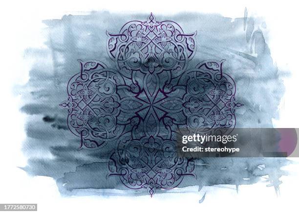 indigo shield - stained glass border stock illustrations